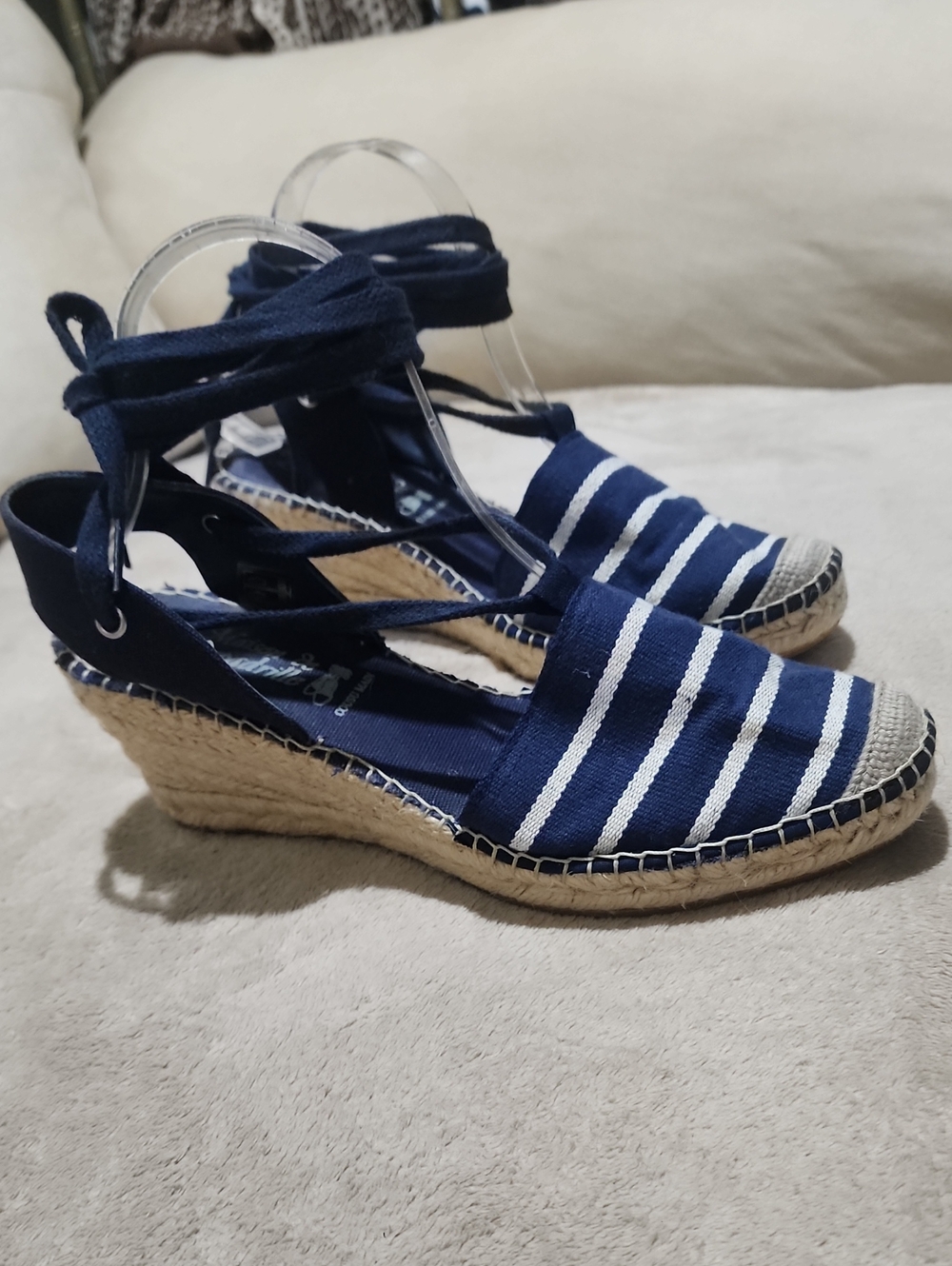New Condition Navy Striped Espadrille Wedge Sandals with Ankle Tie - Picture 1 of 7